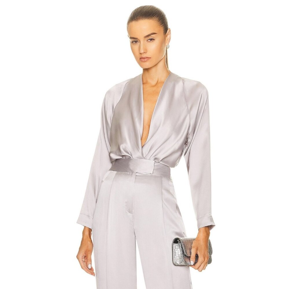 The Sei Long Sleeve Raglan Wrap Bodysuit in Platinum Grey
